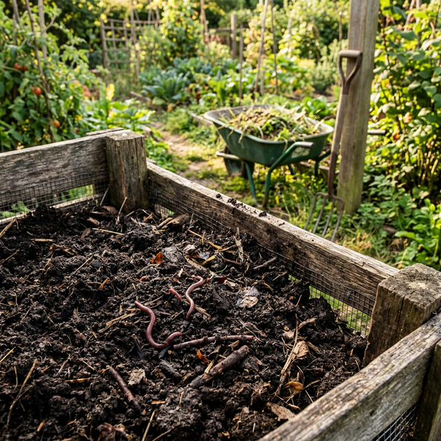 Rich dark compost in a wooden bin in garden setting