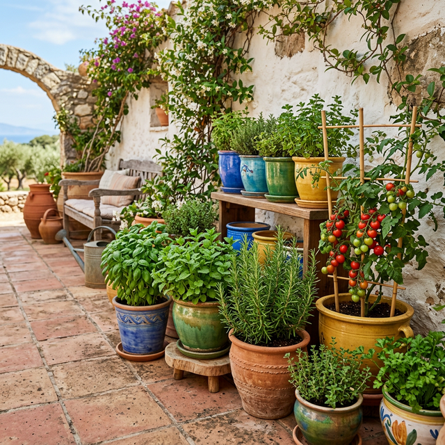Colorful containers with herbs and vegetables on sunny patio