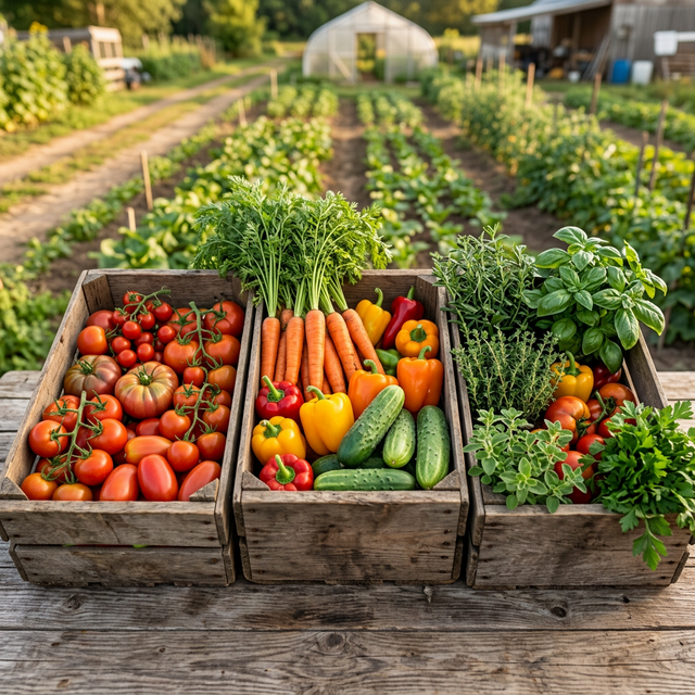 Fresh organic produce display at a farmers market