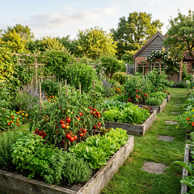 Lush backyard vegetable garden with raised wooden beds full of tomatoes and herbs in golden sunlight