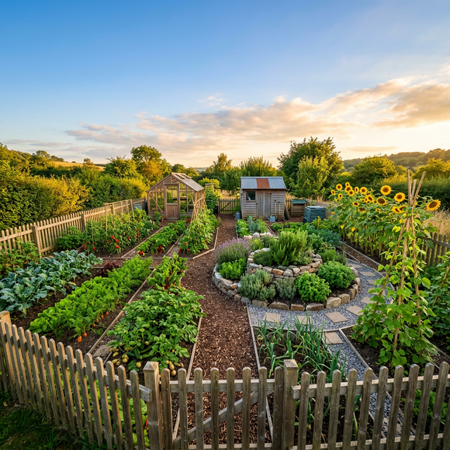 Small organized backyard farm with rows of diverse crops and sunflowers at golden hour